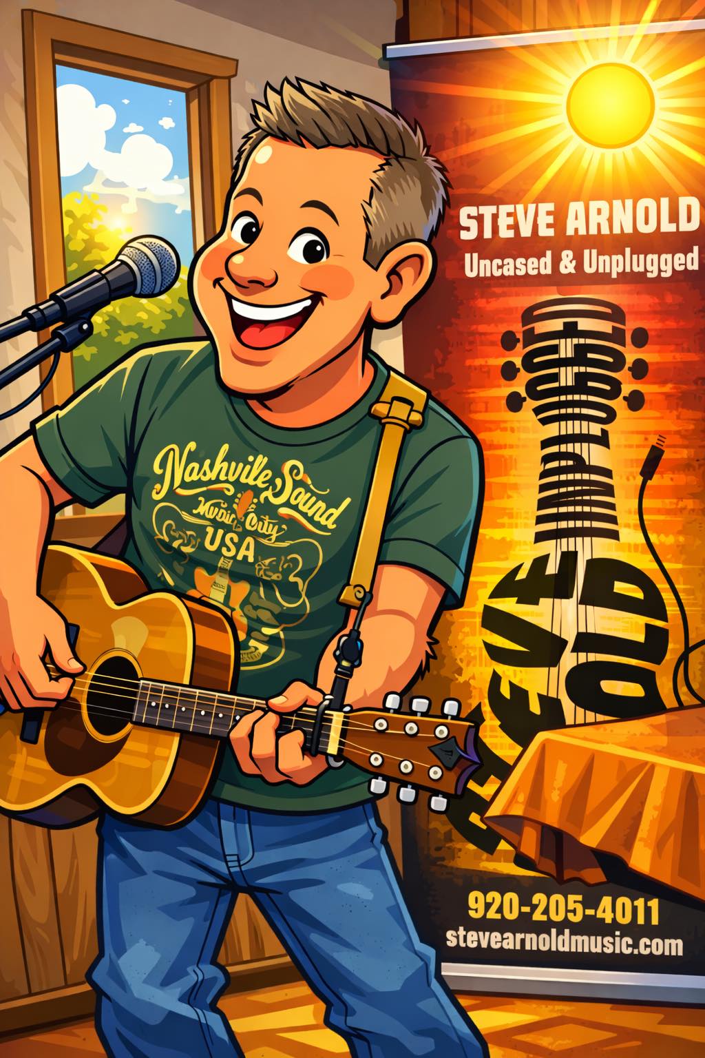 Cartoon of Steve Arnold playing guitar with Nashville Sound shirt.